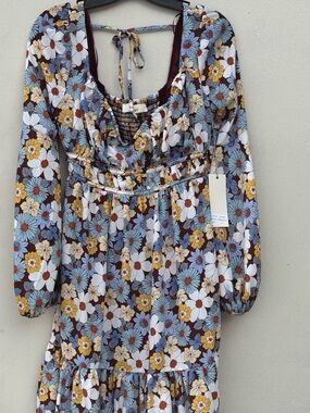 Blue velvet Smocked Floral Mini Dress in Blue, Yellow & Brown — (